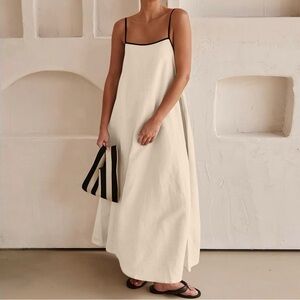 Cream & Black Linen Spaghetti-Strap Long Dress